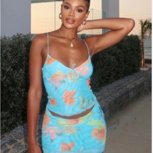 White Fox Boutique Blue Floral Mini Skirt & Top